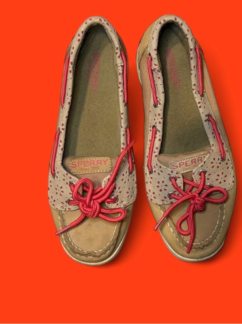 Sperry Tan Leather Moccasins with Pink Laces